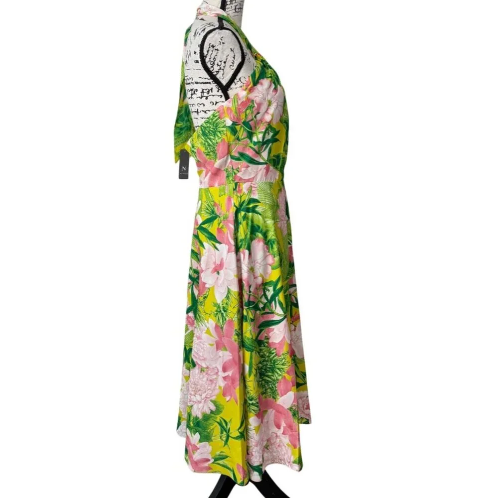 Natori Womens Size 6 Passion Peony Floral Halter Dress Tropical Green Pink NEW - Picture 2 of 7